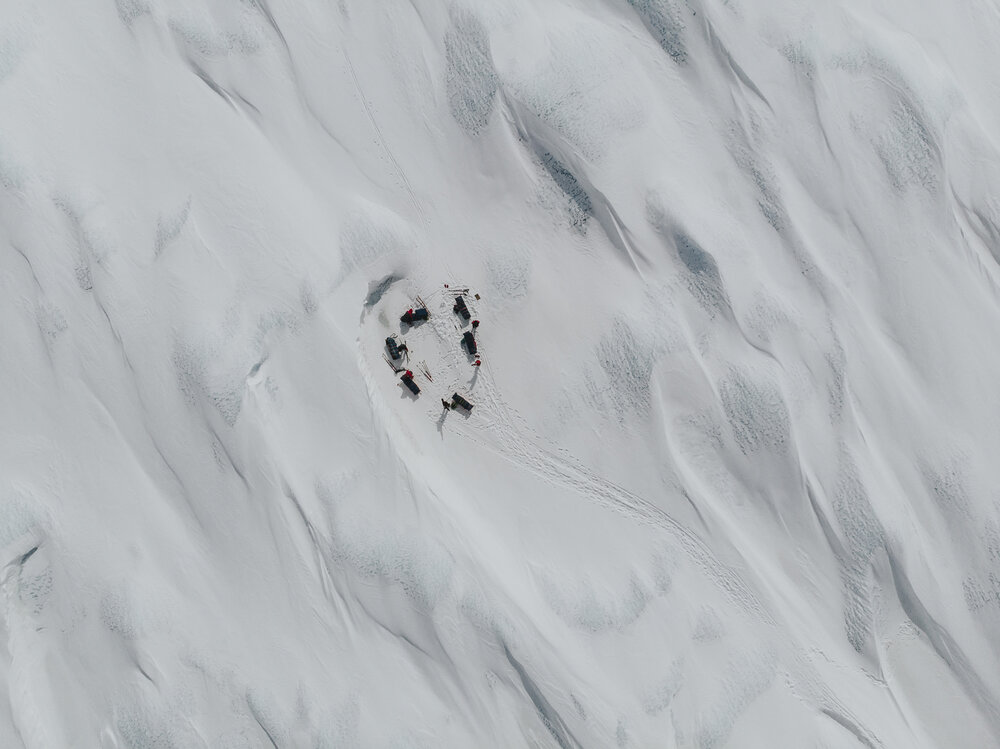 Inspiring Explorers Expedition&trade; team and their sleds from above
