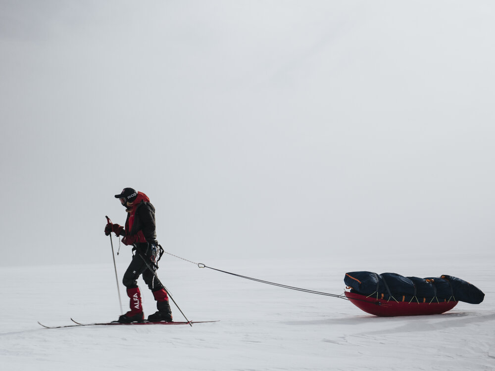 Inspiring Explorer Bridget Kruger pulling sled during the crossing