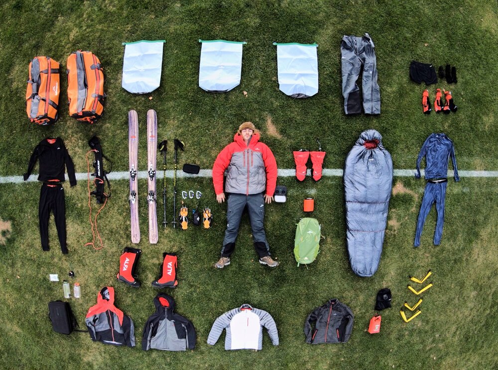An aerial photo of Inspiring Explorer Brando Yelavich and the equipment he was taking with him to the Greenland Ice Cap crossing