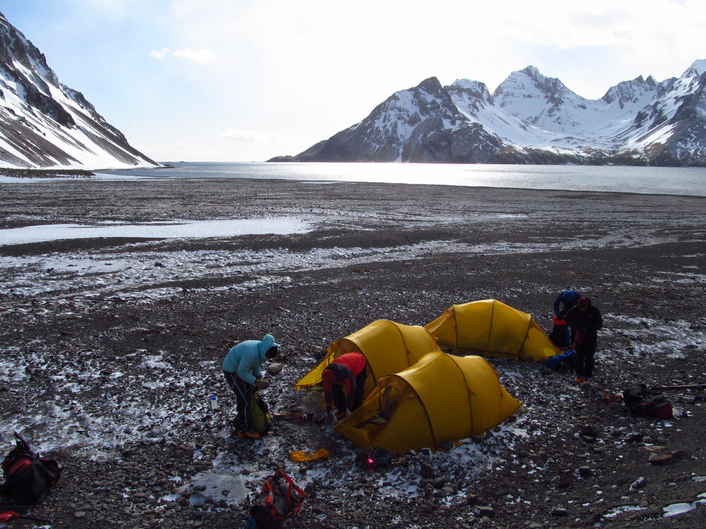 The team pitching three tents on Stoney ground with a bay and mountains in the background