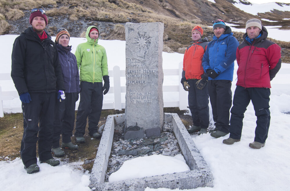 The full team at Ernest Henry Shackleton's Grave at Grytviken, South Georgia