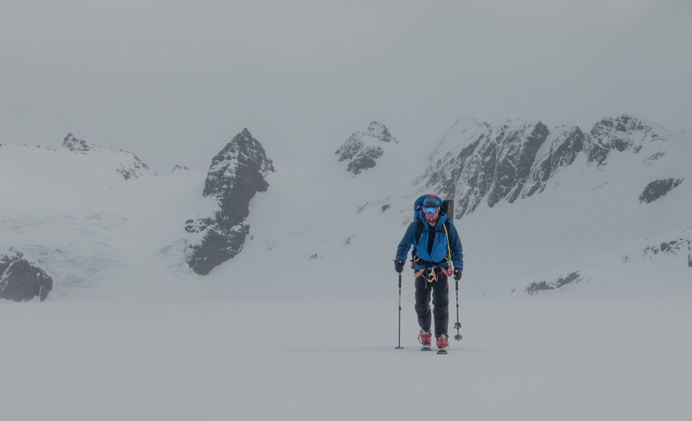 Antarctic Heritage Trust Executive Director Nigel Watson on skis during the crossing of South Georgia
