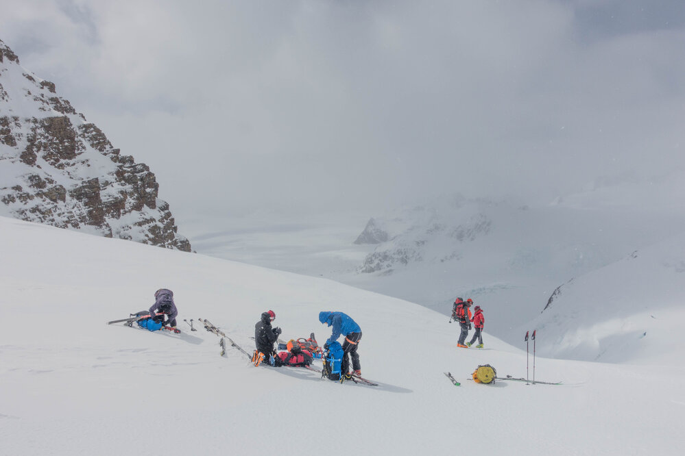 Inspiring explorers prepare to ski down from a pass on their crossing of South Georgia
