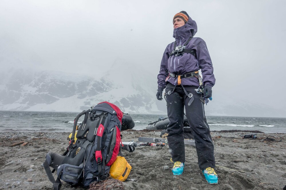 Sin&eacute;ad Hunt at King Haakon Bay preparing to start her journey across South Georgia