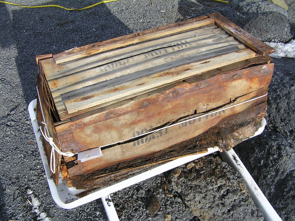 2005-06 Case of roast mutton after excavation from the East wall, Cape Royds