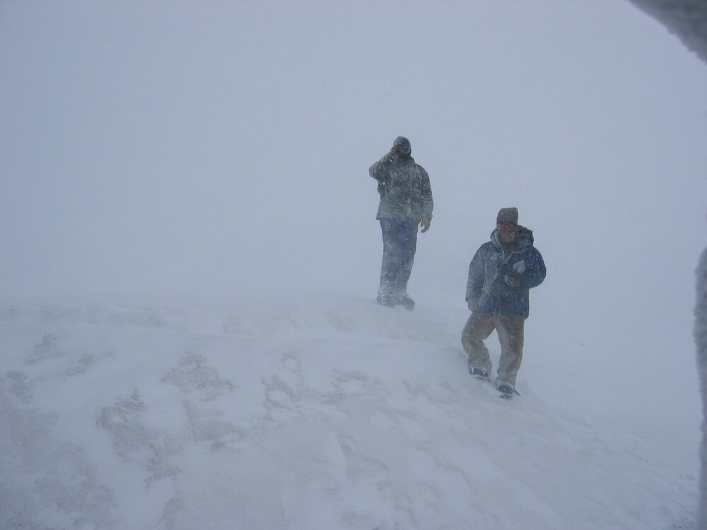2005 Al Fastier and Robert Clendon during a snow storm at Cape Evans