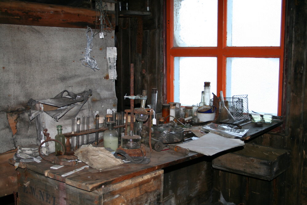 2006 Biology table inside Scott's 'Terra Nova' hut, Cape Evans