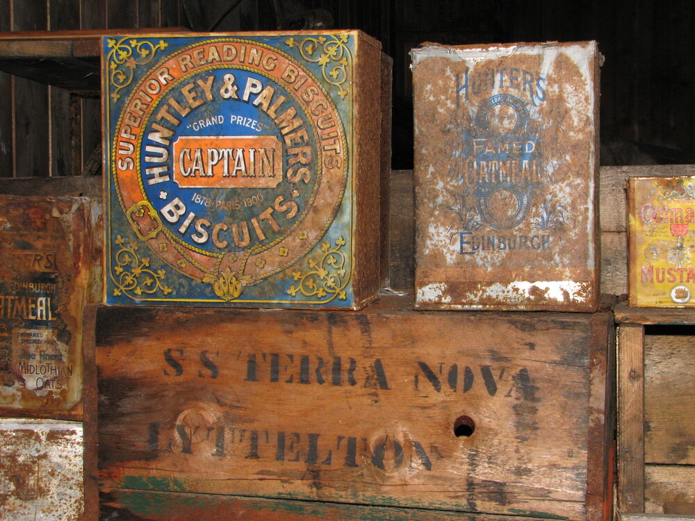 2006 Provisions boxes stacked inside Scott's 'Terra Nova' hut, Cape Evans