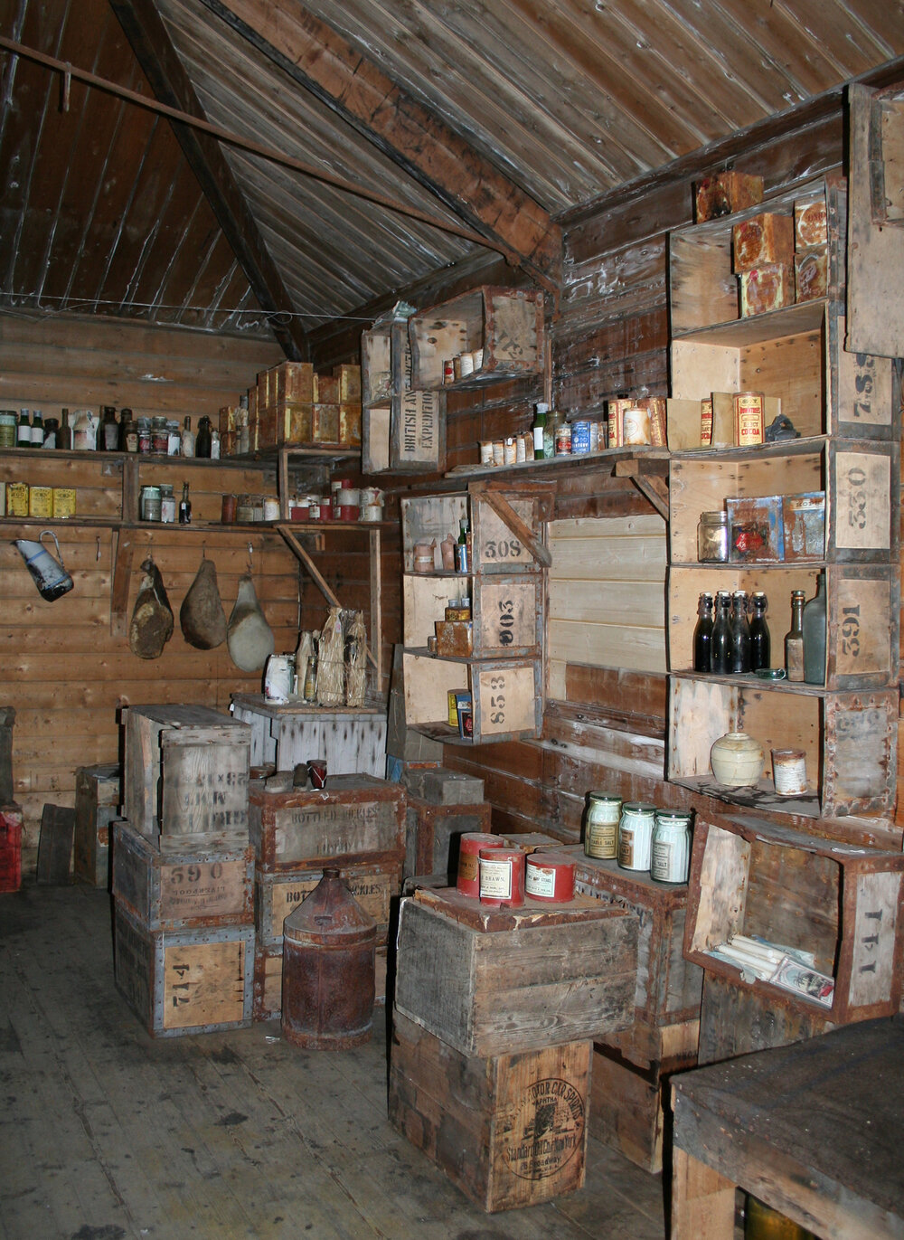 2006 Provisions on shelves inside Shackleton's 'Nimrod' hut, Cape Royds