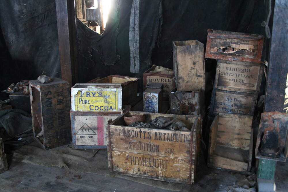 2006 Boxes stacked inside Scott's 'Discovery' hut, Hut Point