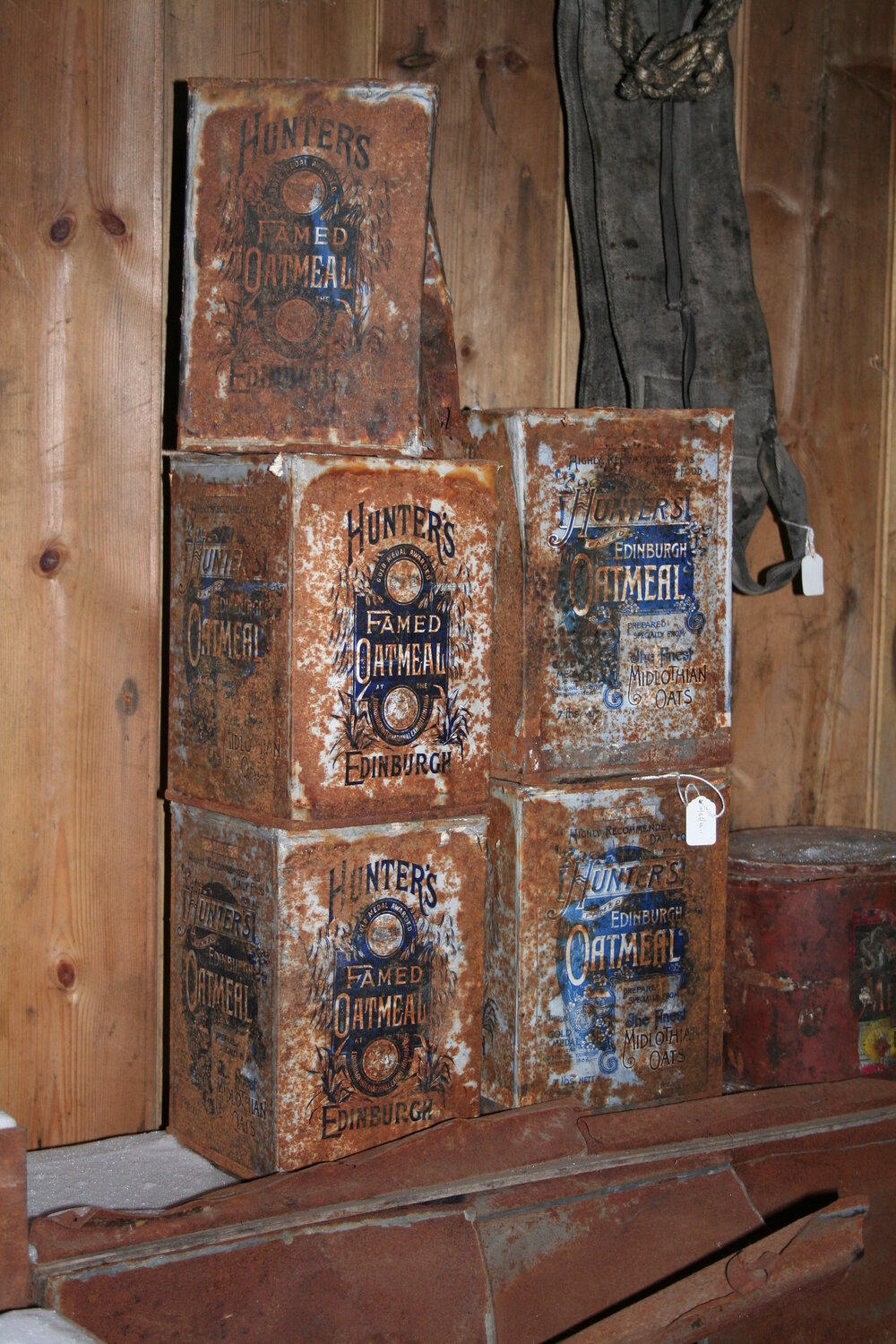 2006 Hunters Oatmeal boxes stacked inside Scott's 'Discovery' hut, Hut Point