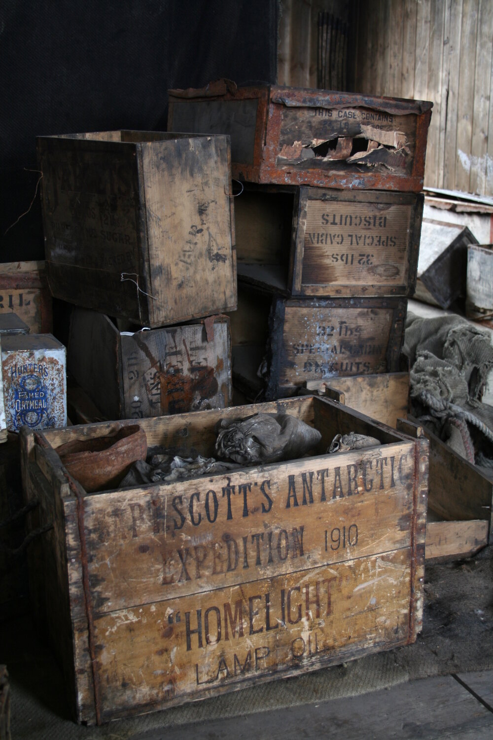 2006 Boxes stacked inside Scott's 'Discovery' hut, Hut Point