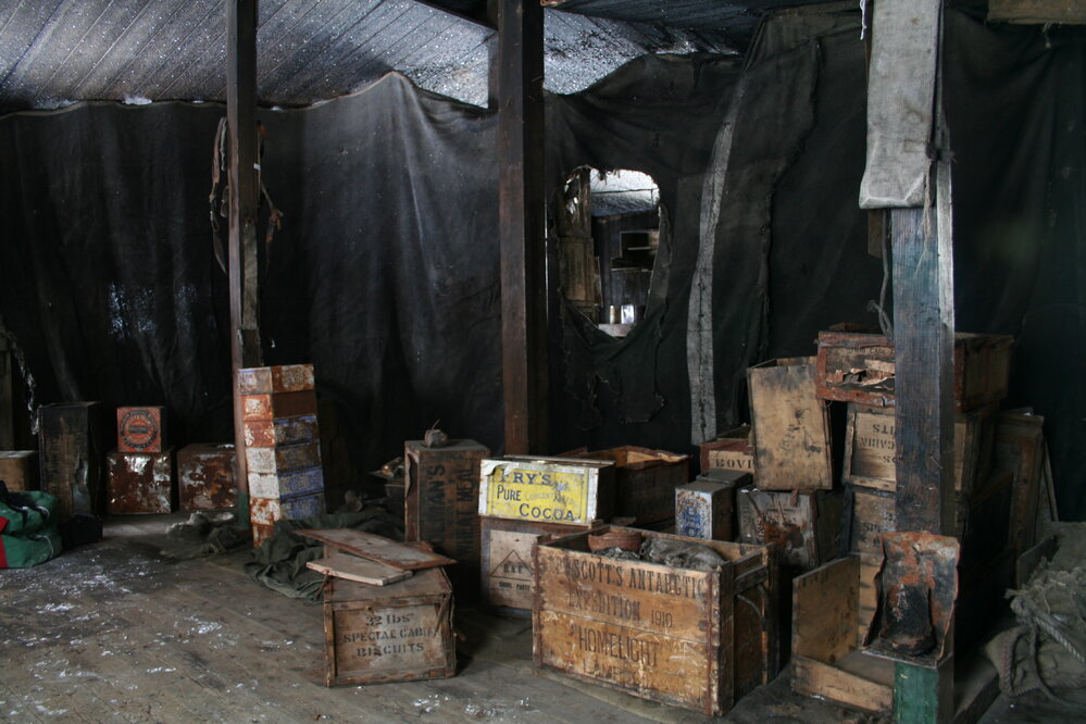 2006 Boxes stacked inside Scott's 'Discovery' hut, Hut Point