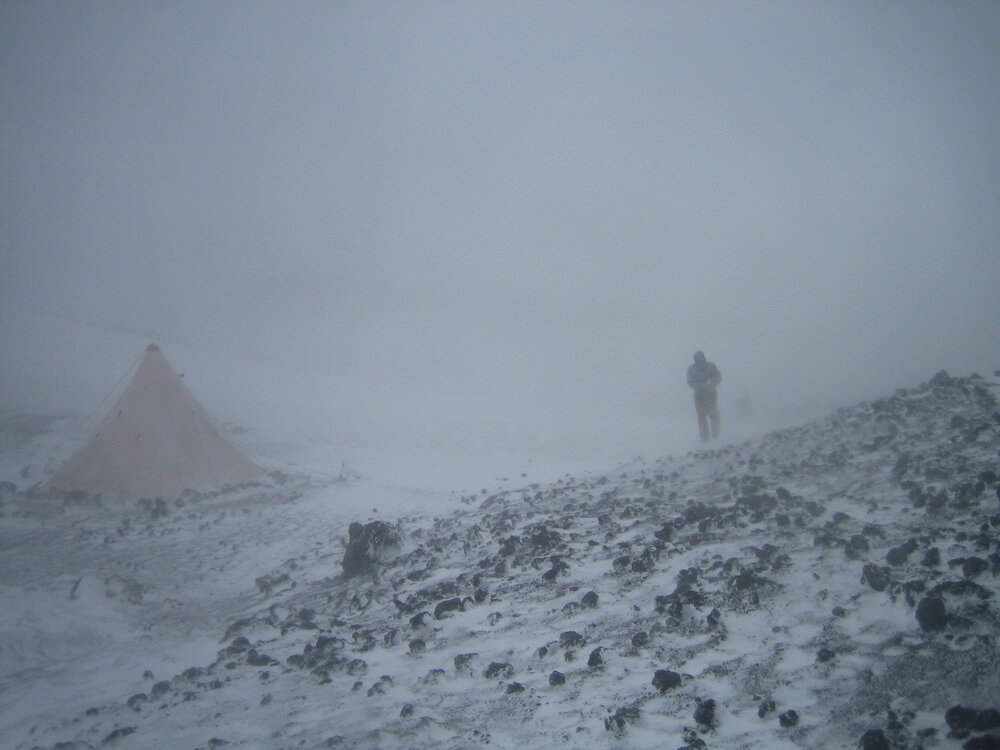 2005-06 Antarctic Heritage Trust Field camp at Cape Royds in a storm