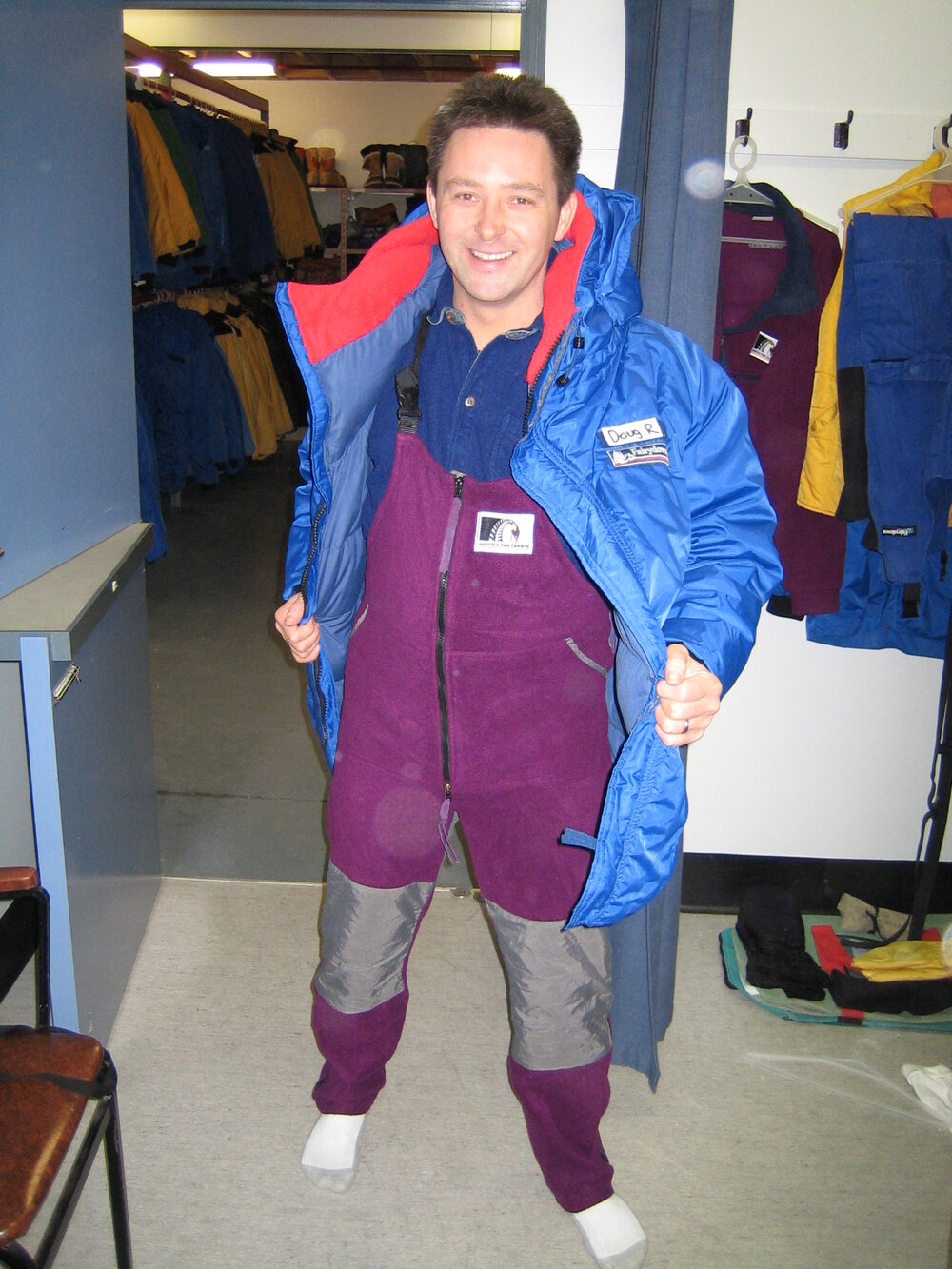 2005-06 Doug Rogan tries on Antarctic clothing at Antarctica New Zealand (002)