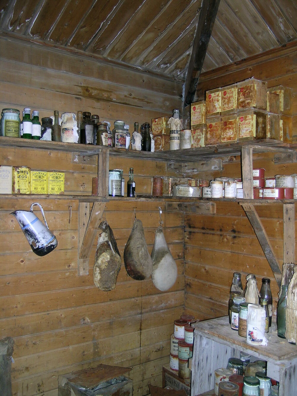 2005 Artefacts on shelves inside Shackleton's 'Nimrod' hut, Cape Royds