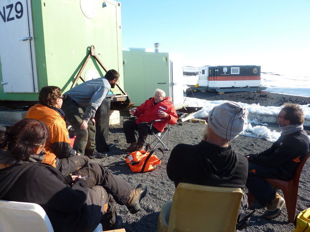 2009-10 Sir David Attenborough with AHT summer conservation team at Cape Evans