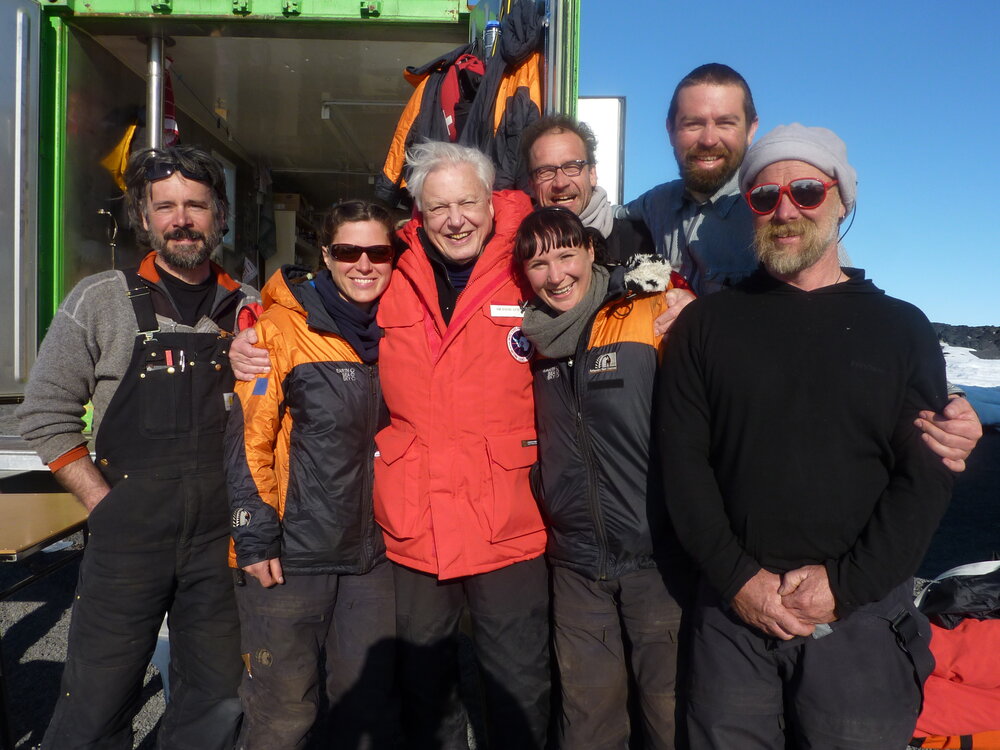 2009-10 Sir David Attenborough with AHT summer conservation team at Cape Evans