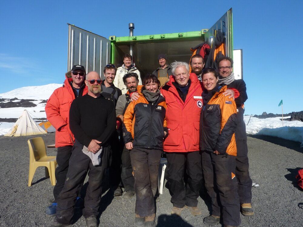 2009-10 Sir David Attenborough with AHT summer conservation team at Cape Evans