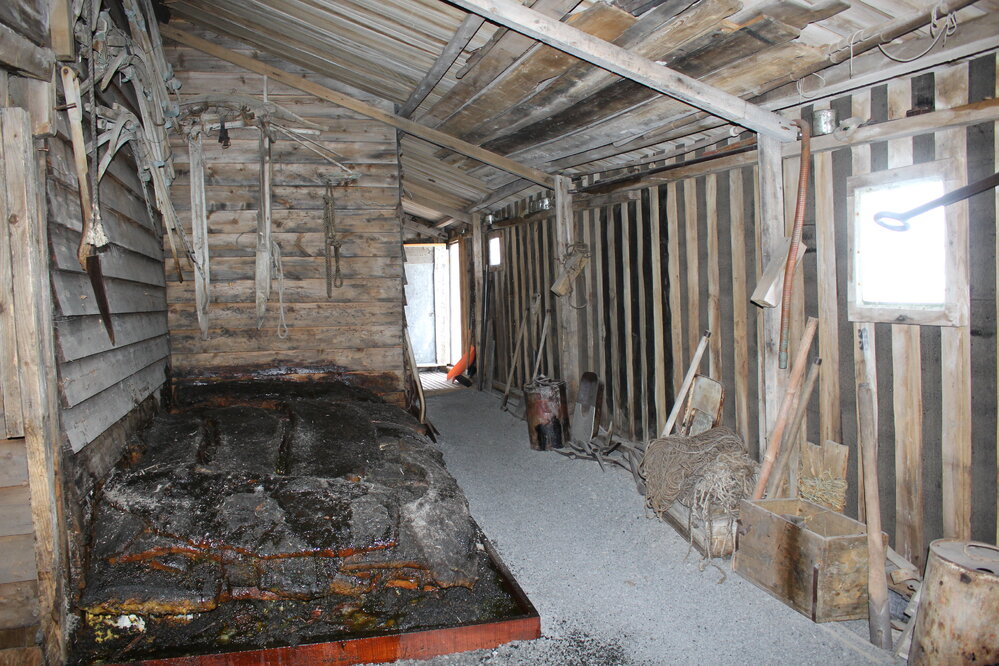 2019-20 Hut inspection - Seal blubber stack and tools, Stables (Room 2), Scott's Hut