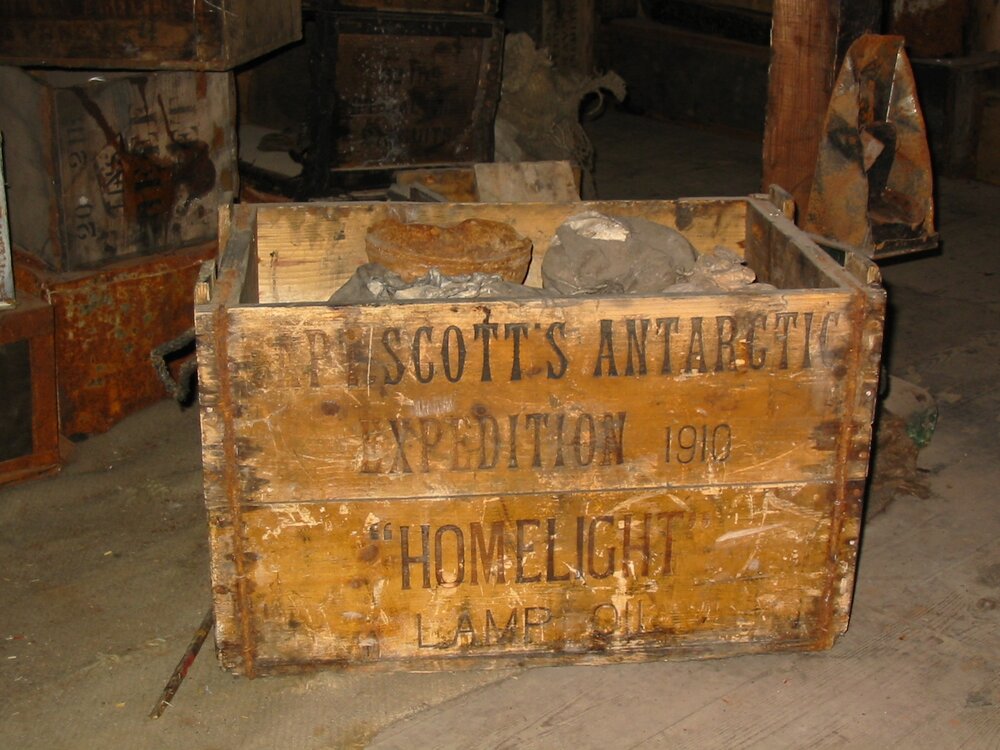 2003 K440 at Scott's 'Discovery' hut - "Homelight" lamp oil box, Main Space