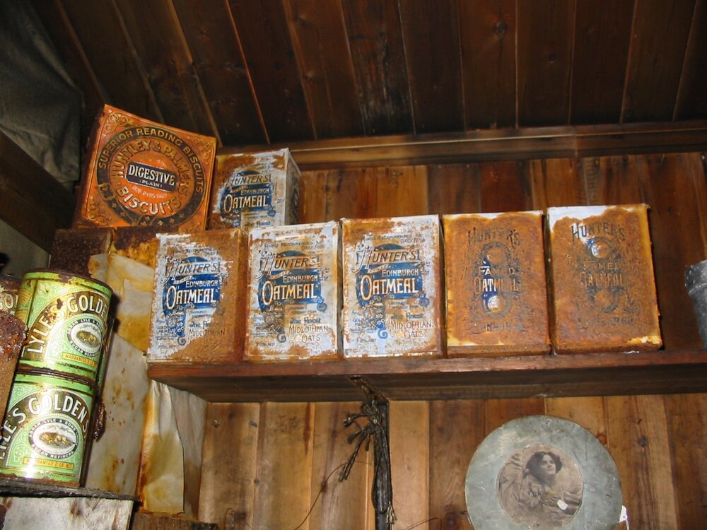 2003 K440 at Scott's 'Terra Nova' hut - Hunters oatmeal tins, Galley