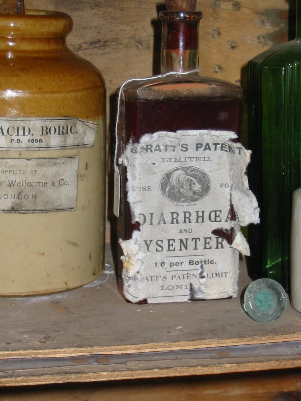2003 K440 at Shackleton's 'Nimrod' hut, interior - Spratt's diarrhoea medicine