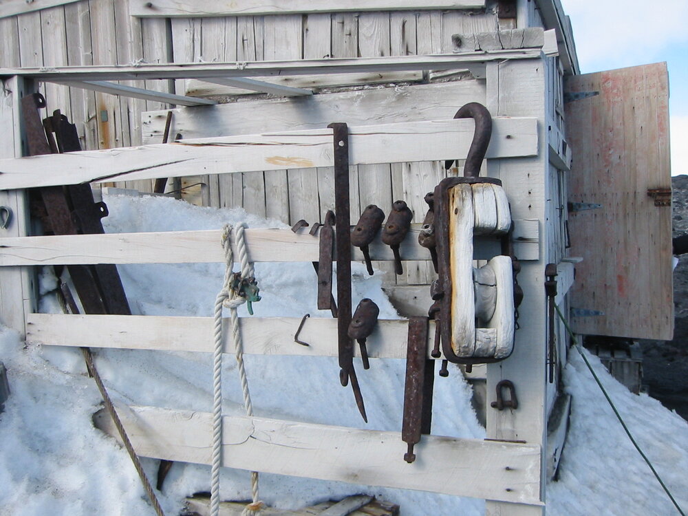 2002 K440B to Shackleton's 'Nimrod' hut, exterior - Artefacts hanging on Latrine wall