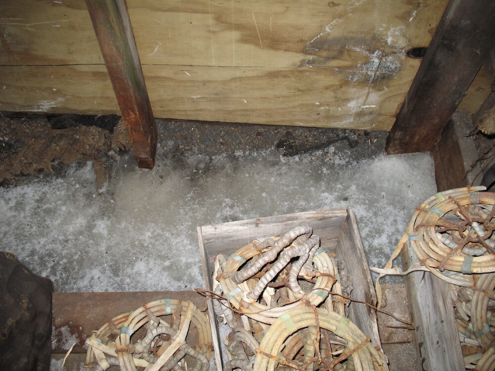 Pony snow shoes and icy floor, stables of Scott's 'Terra Nova' Hut
