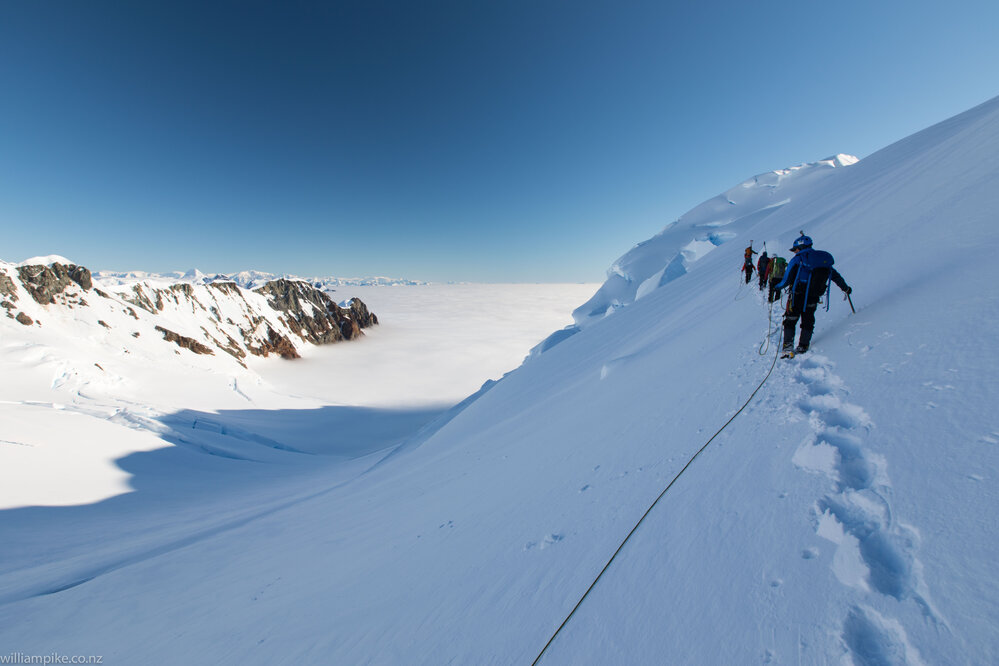 Inspiring explorers approaching the crevassed section on Mount Scott