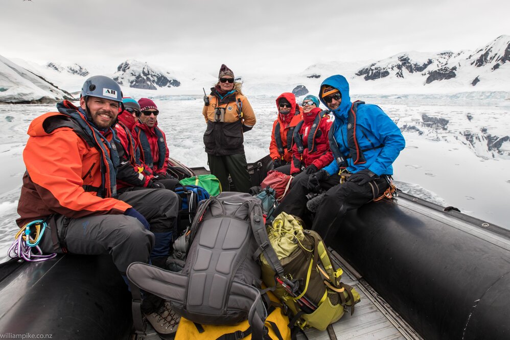 Inspiring Explorers travelling by zodiac in the Antarctic Peninsula