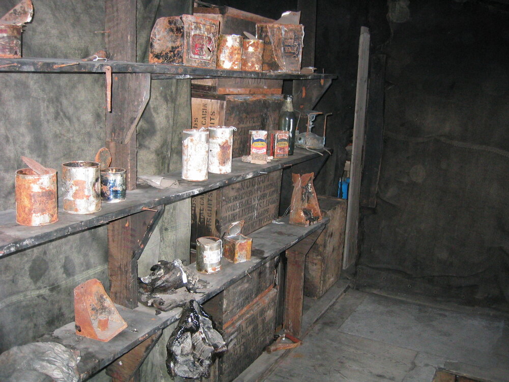 Shelved food tins in Scott's 'Discovery' Hut