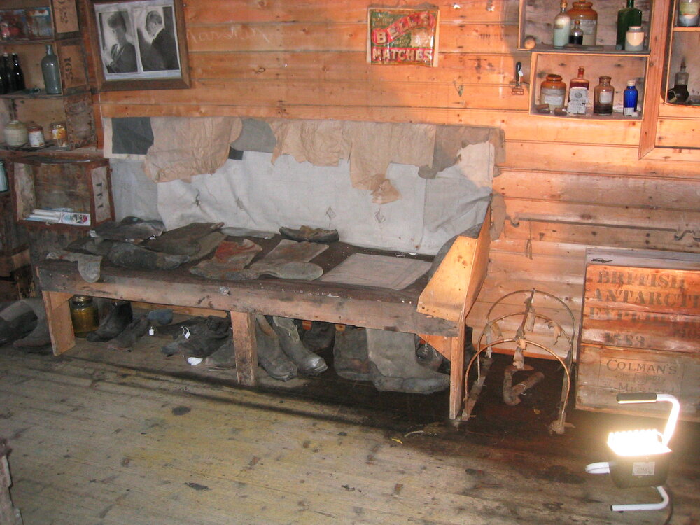 2003-04 Bunk and footwear along south wall in Shackleton's 'Nimrod' Hut