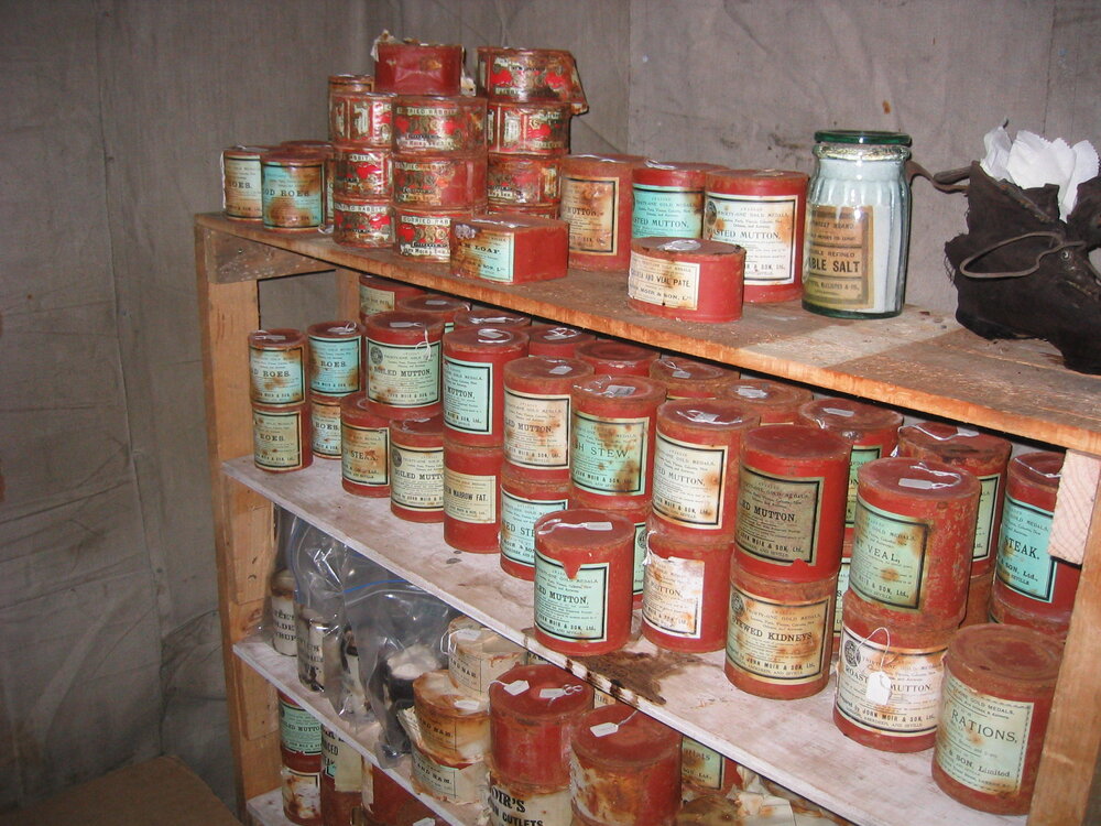 2003-04 Tinned meat in Shackleton's cubicle in Shackleton's 'Nimrod' Hut
