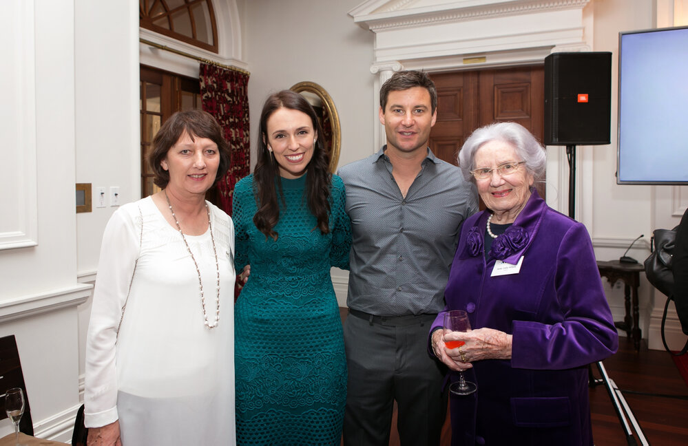 Sue Hayman, Rt Hon Jacinda Ardern, Clark Gayford and Patron Lady June Hillary