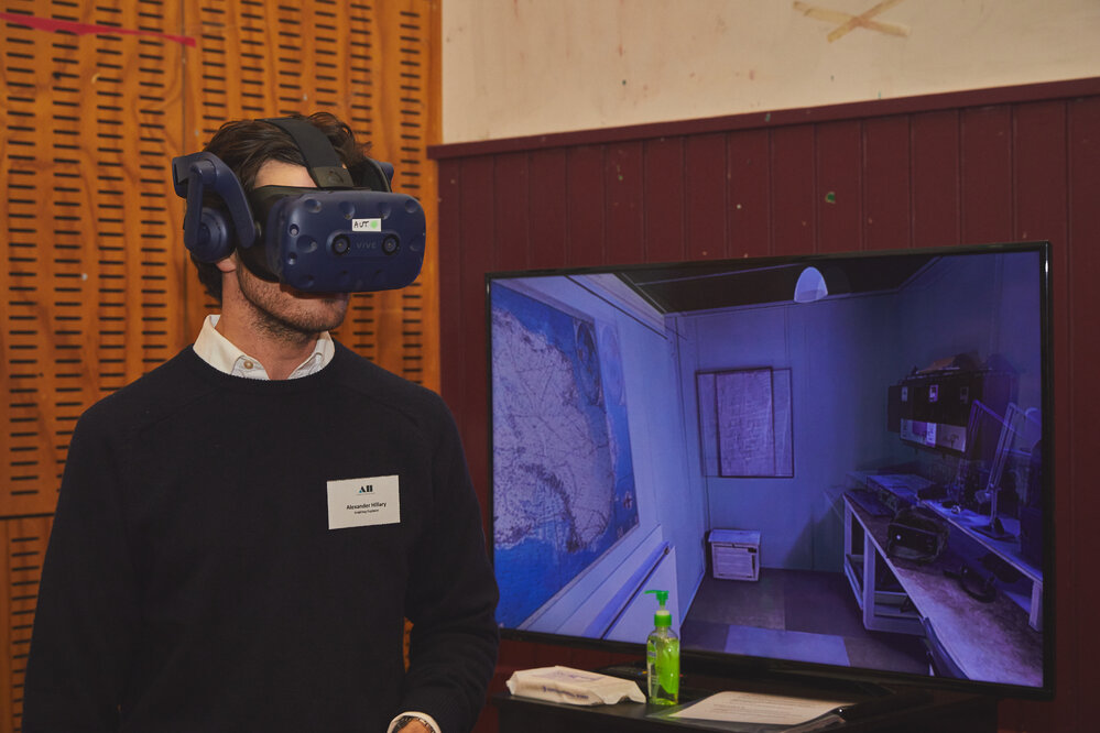 Inspiring Explorer Alum Alexander Hillary experiencing the virtual reality of his Grandfathers Hillary's Hut at SEHC