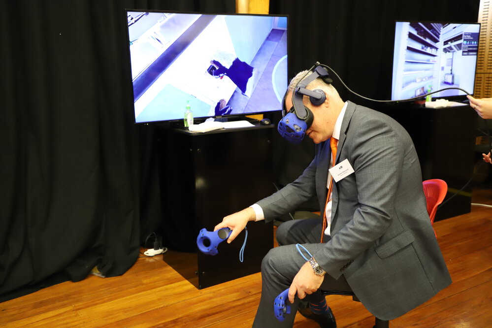 Gordon MacLeod, Chief Executive of Ryman Healthcare experiencing the Virtual Reality of Hillary's Hut