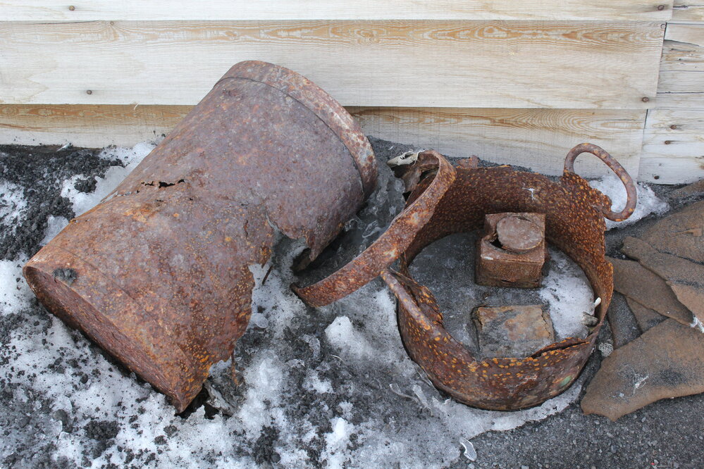2019-20 Oxidised metal pails outside Scott's 'Terra Nova' Hut