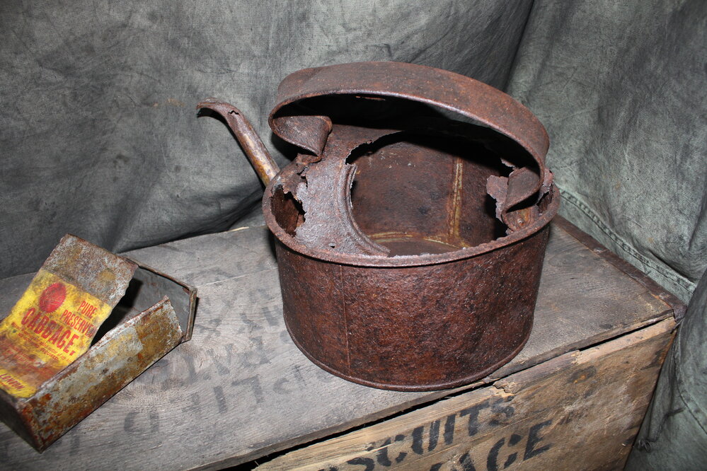 2019-20 Opened preserved cabbage tin and oxidised kettle
