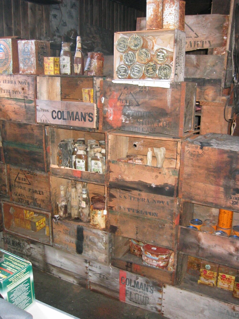 Provision boxes making up the bulkhead between rooms, Scott's 'Terra Nova' Hut (002)