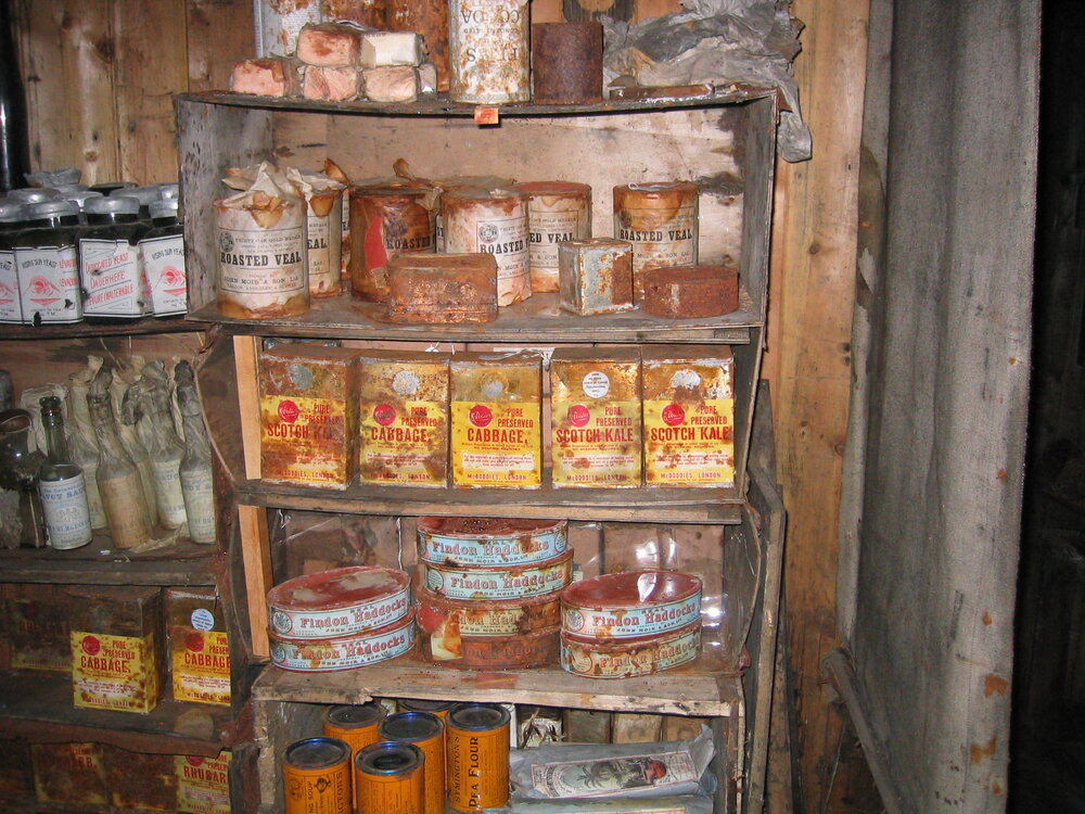 2003-04 Food supplies against western wall of Galley, Scott's 'Terra Nova' Hut (002)