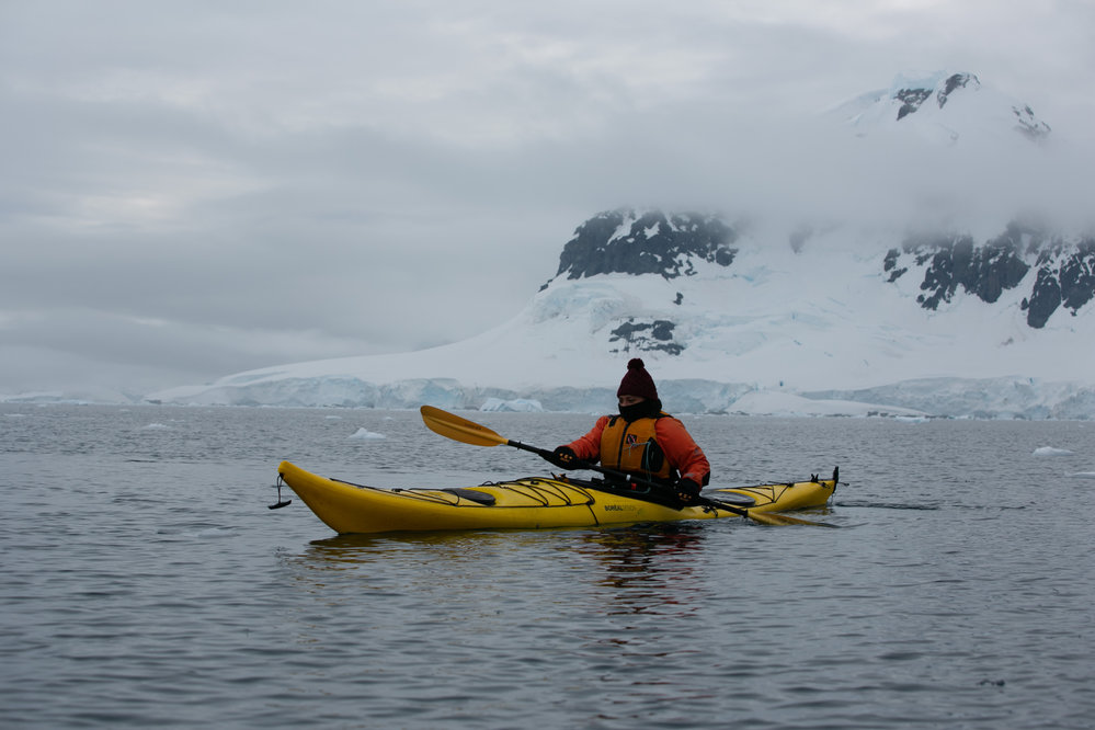 Inspiring Explorer Mele Fetu'u kayaks near Antarctic peninsula