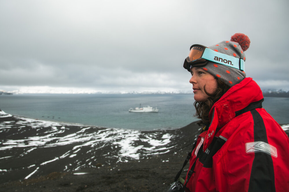 Georgie Archibald overlooking the natural harbour of Deception Island