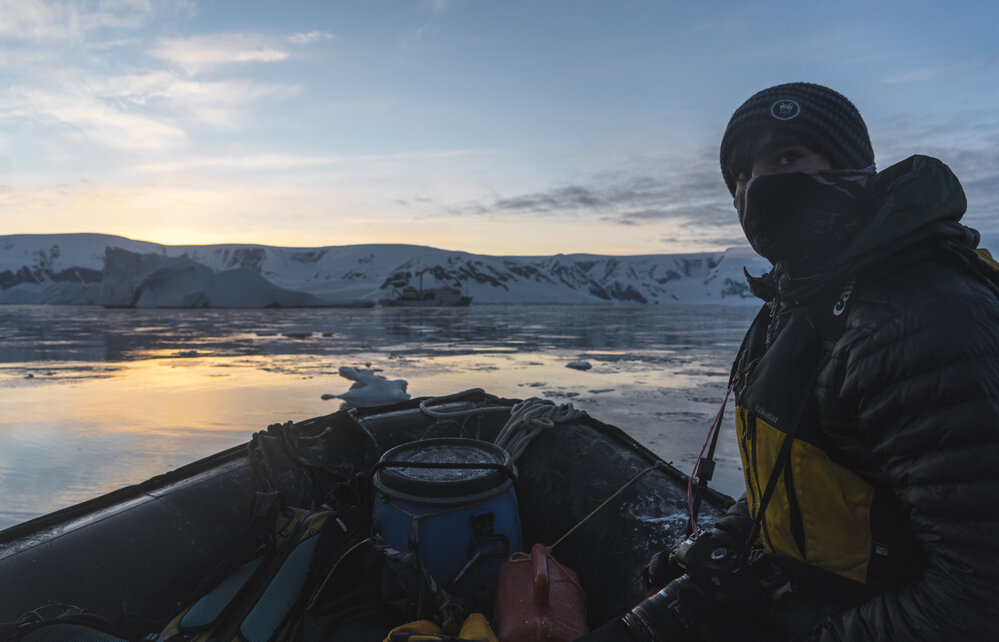 Alexander Hillary aboard zodiac on Antarctic Peninsula morning