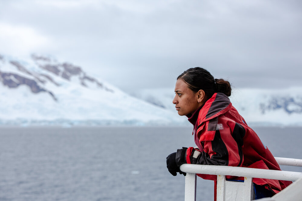 Mele Fetu'u aboard 'Navigator', gazing at Antarctic Peninsula scenery