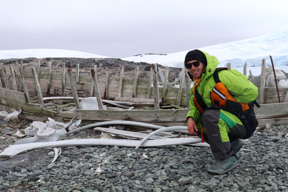 Olympic Kayaker and Expedition kayaking Mentor Mike Dawson, whale bones and boat remnants