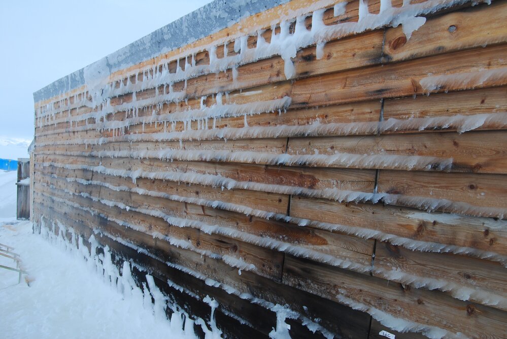 Ice Build-up on cladding of Scott's 'Terra Nova' Hut 
