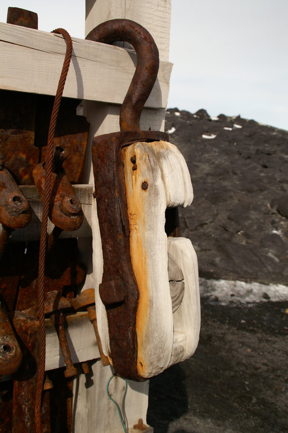 2007 Pulley outside Shackleton's 'Nimrod' hut, Cape Royds