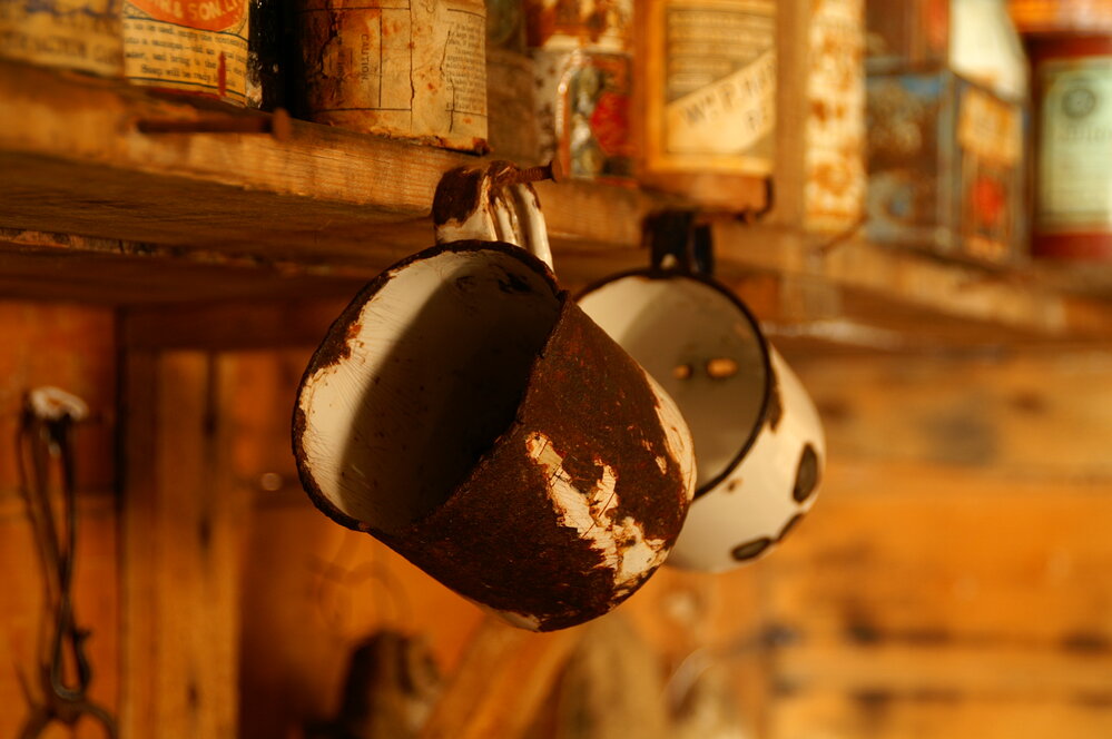 2007 Hanging enamel mugs inside Shackleton's 'Nimrod' hut