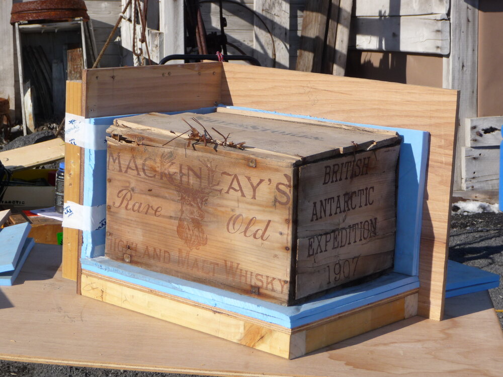 2009-10 Mackinlay's whisky crate in packing box, Shackleton's 'Nimrod' hut